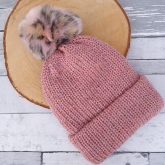 PINK LEOPARD -  double thickness handmade adult beanie with (or without) faux fur pom pom