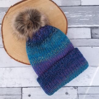 AEGEAN BLUE -  double thickness handmade adult beanie with (or without) faux fur pom pom