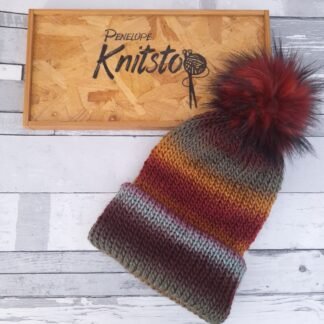 FLAMING RUSSET - luxury handmade adult beanie with optional flaming red faux fur pom pom