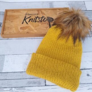 MUSTARD -  double thickness adult beanie with sumptuous faux fur pom pom