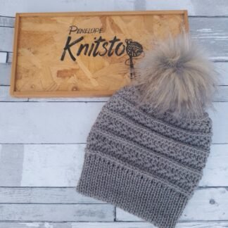 COOL GREY -  Crochet adult beanie with handmade faux fur pom pom