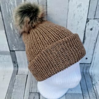 100% British Wool - Bluefaced Leicester Fleece Knitted Hat - Light Brown