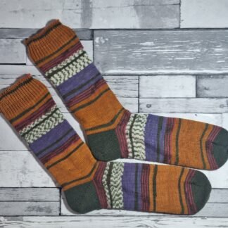 HANDMADE KNITTED SOCKS - Size 11-12- Harvest Patchwork with Olive heels and toes
