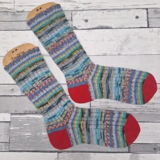 HANDMADE KNITTED SOCKS - Size 4-5 - Tutti Frutti with red heels and toes