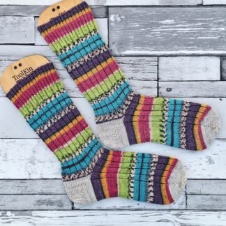 HANDMADE KNITTED SOCKS - Size 4-5 - Wildflower Stripe with pale grey heels & toes