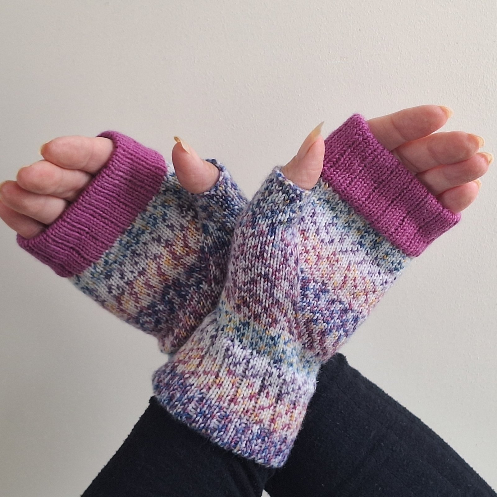 Handmade British Wool Wristwarmers - Purple Emperor & Blackcurrant Bomb - Image 2