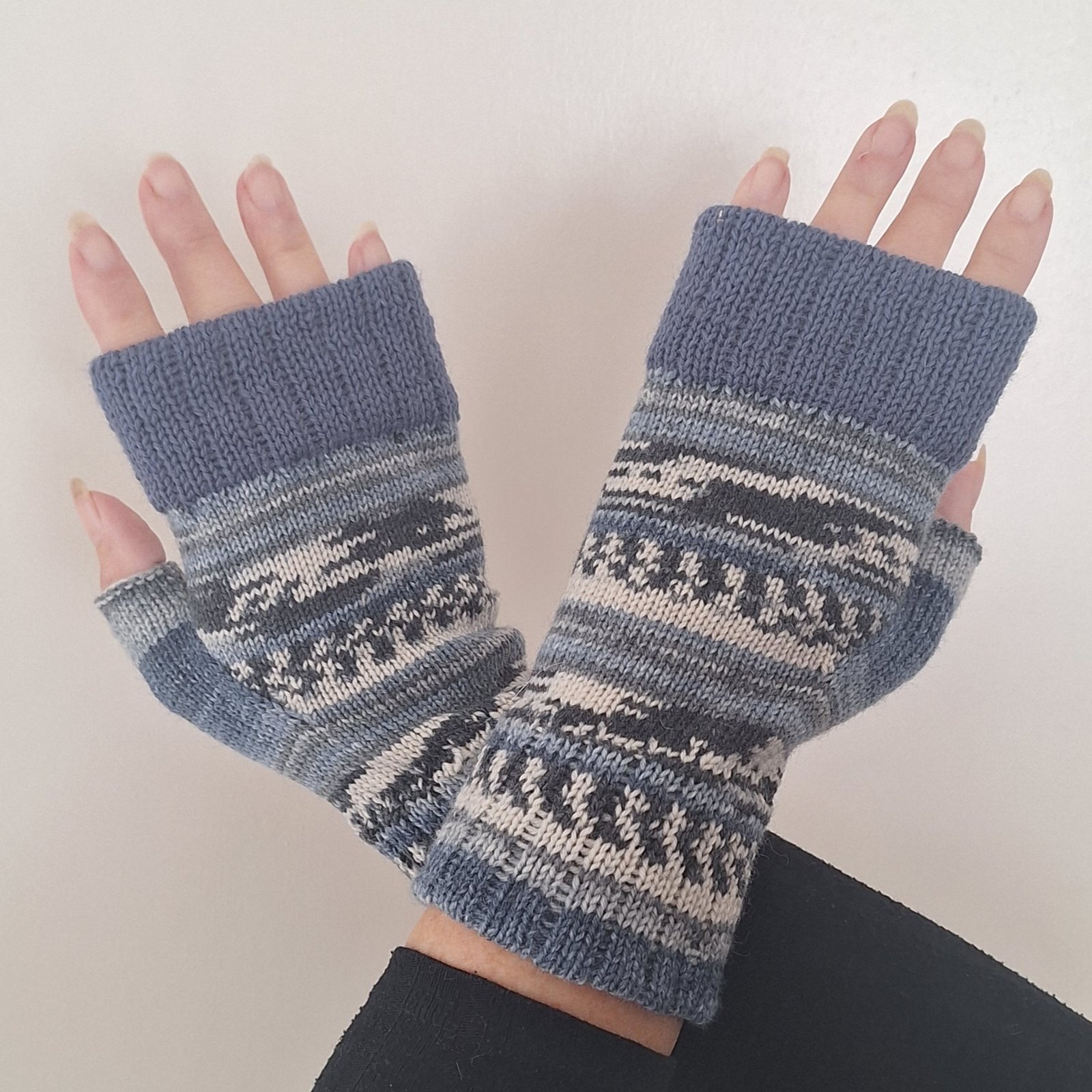 Handmade Knitted Wristwarmers – Winter Tides | Blue, Grey & Cream - Image 2