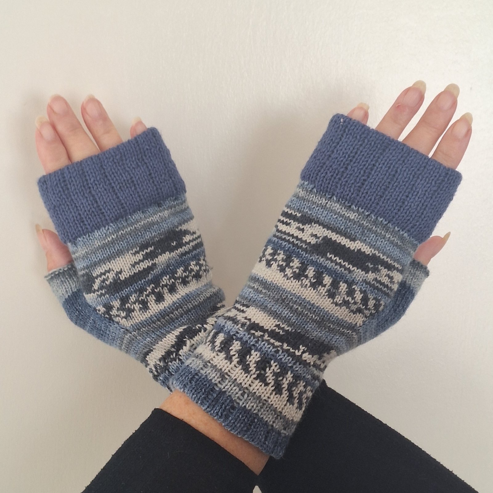 Handmade Knitted Wristwarmers – Winter Tides | Blue, Grey & Cream - Image 4