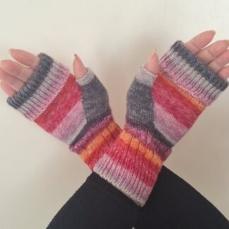 Handmade Colourful Wristwarmers – Berry Stripe | Pink, Orange & Grey