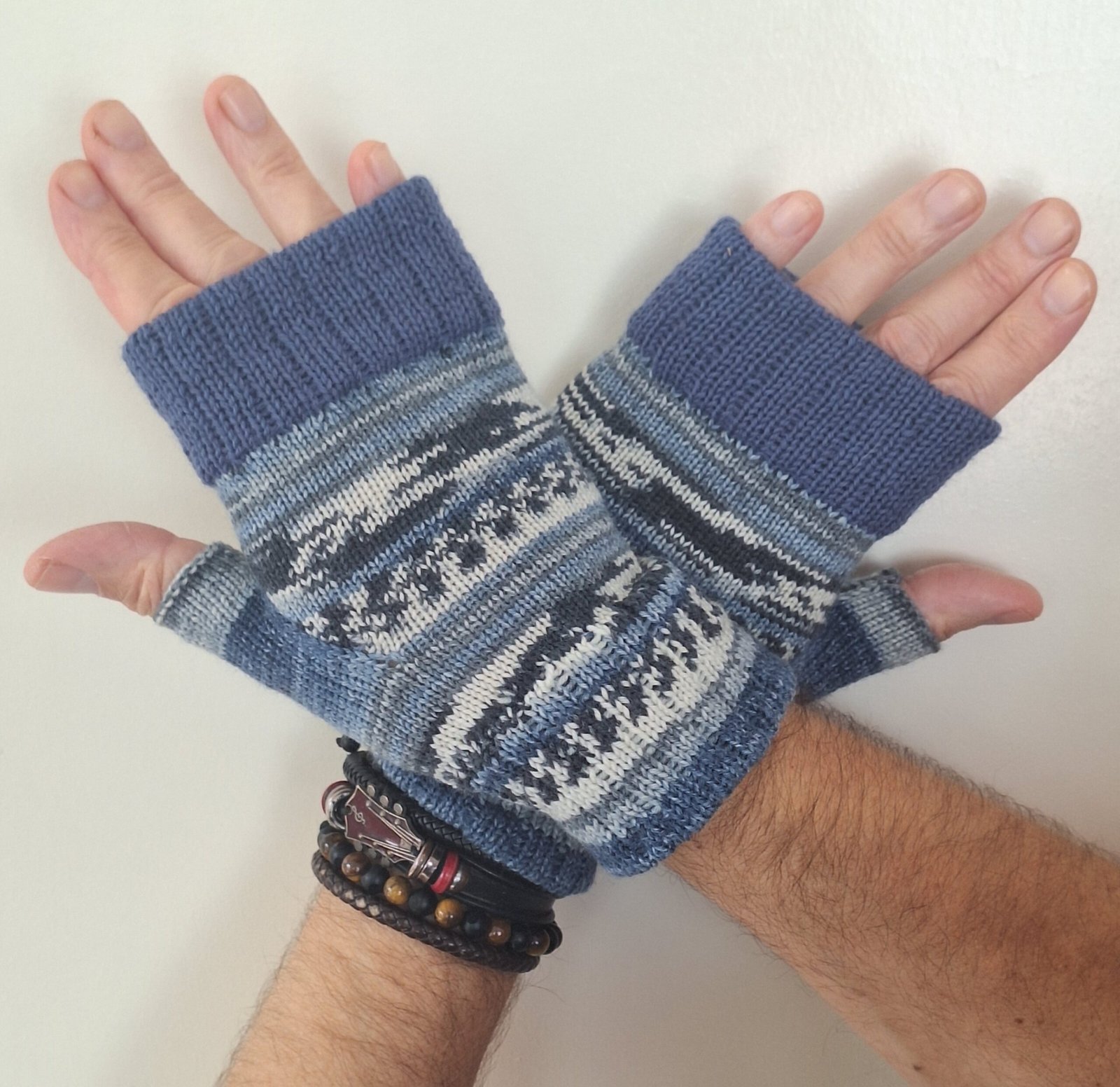 Handmade Knitted Wristwarmers – Winter Tides | Blue, Grey & Cream - Image 3