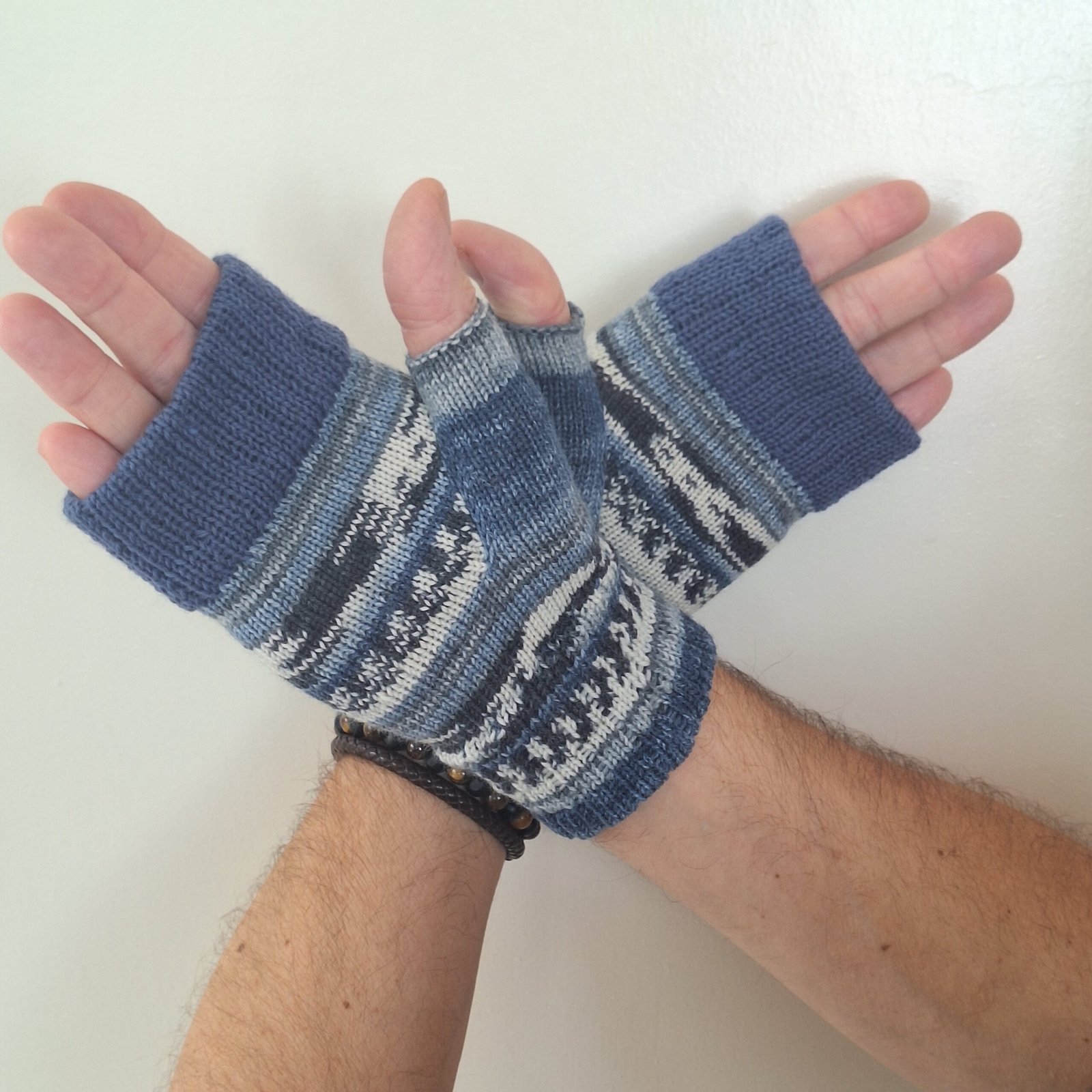 Handmade Knitted Wristwarmers – Winter Tides | Blue, Grey & Cream - Image 5