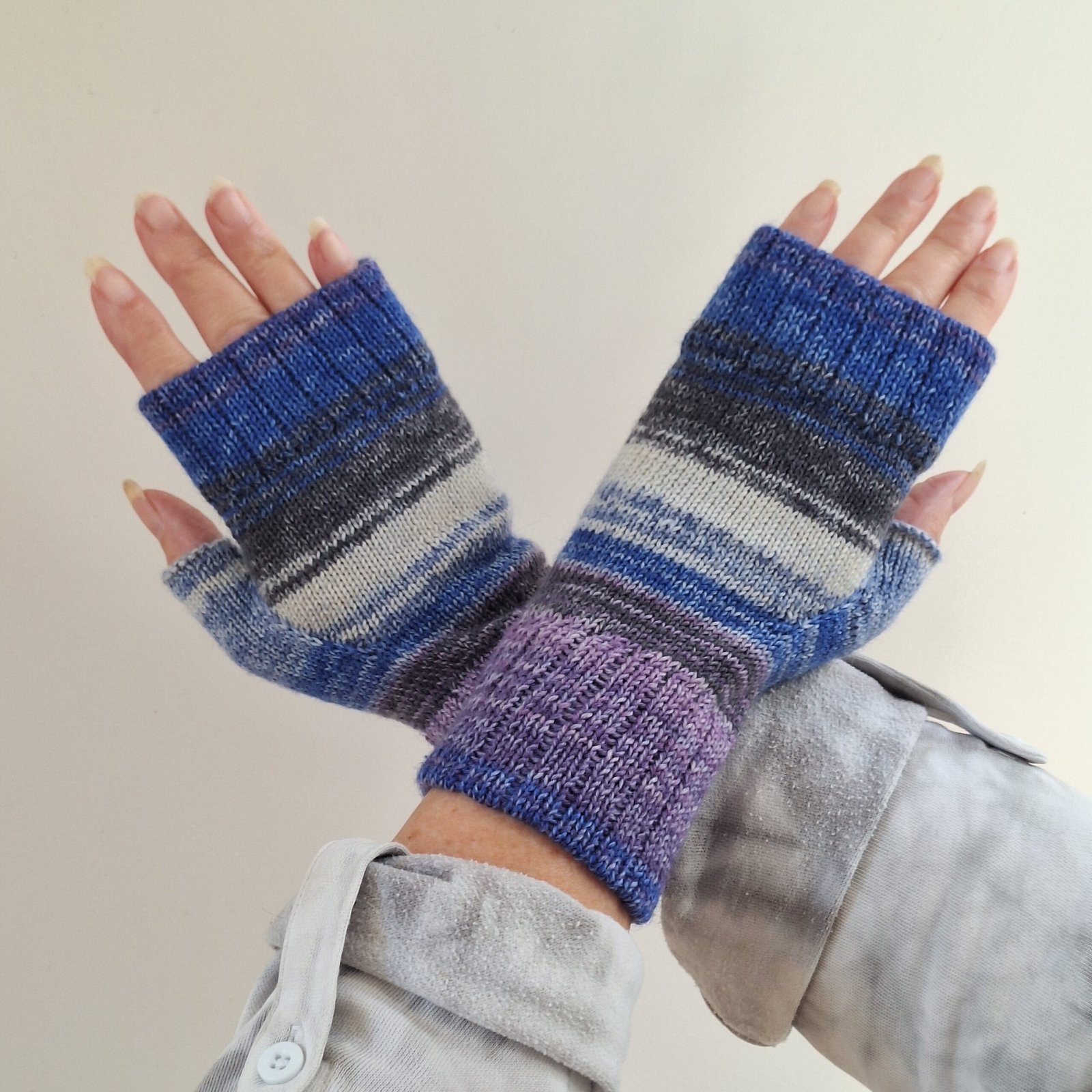 Handmade Knitted Wristwarmers – Blueberry Slate | Blue, Grey & Lilac - Image 3