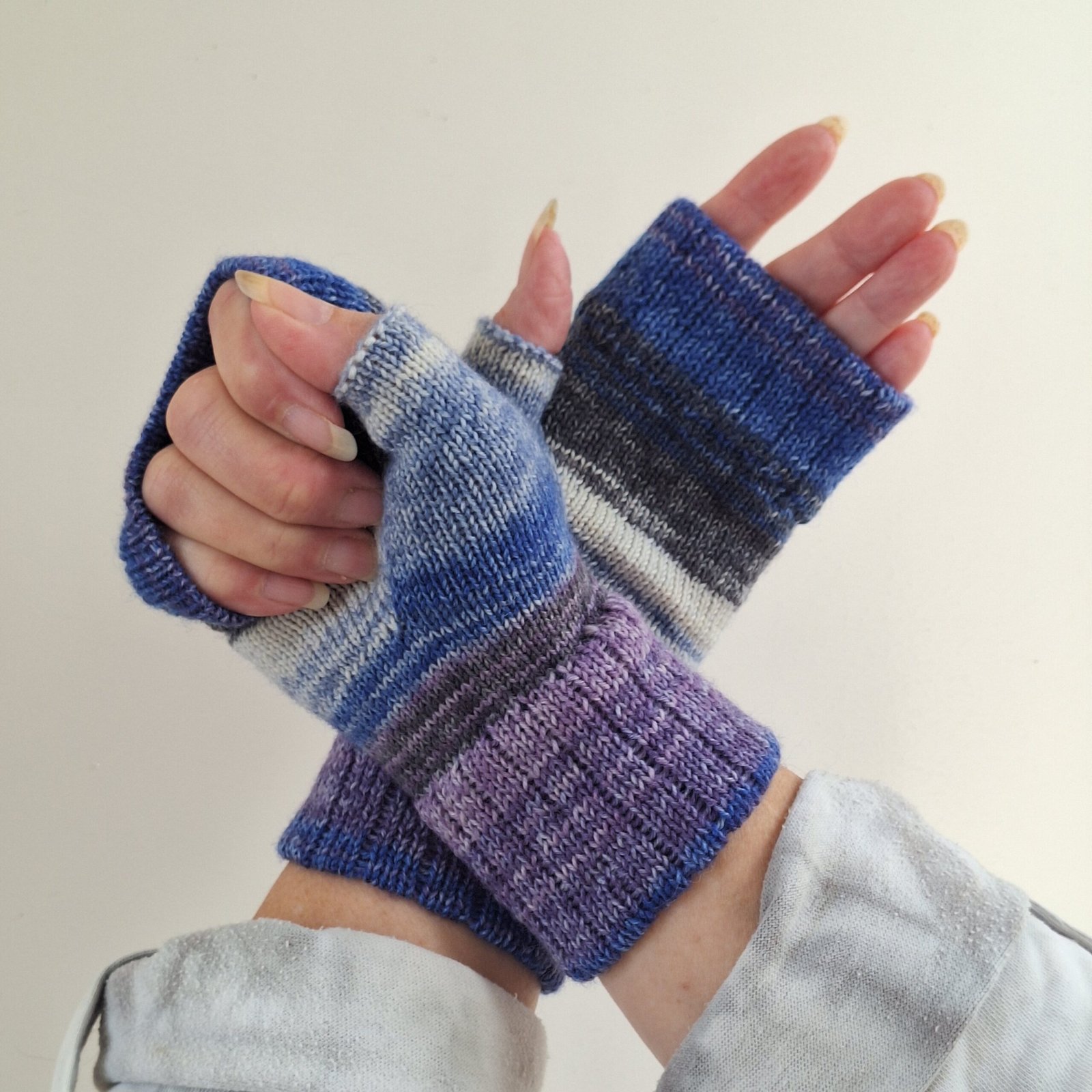 Handmade Knitted Wristwarmers – Blueberry Slate | Blue, Grey & Lilac - Image 4