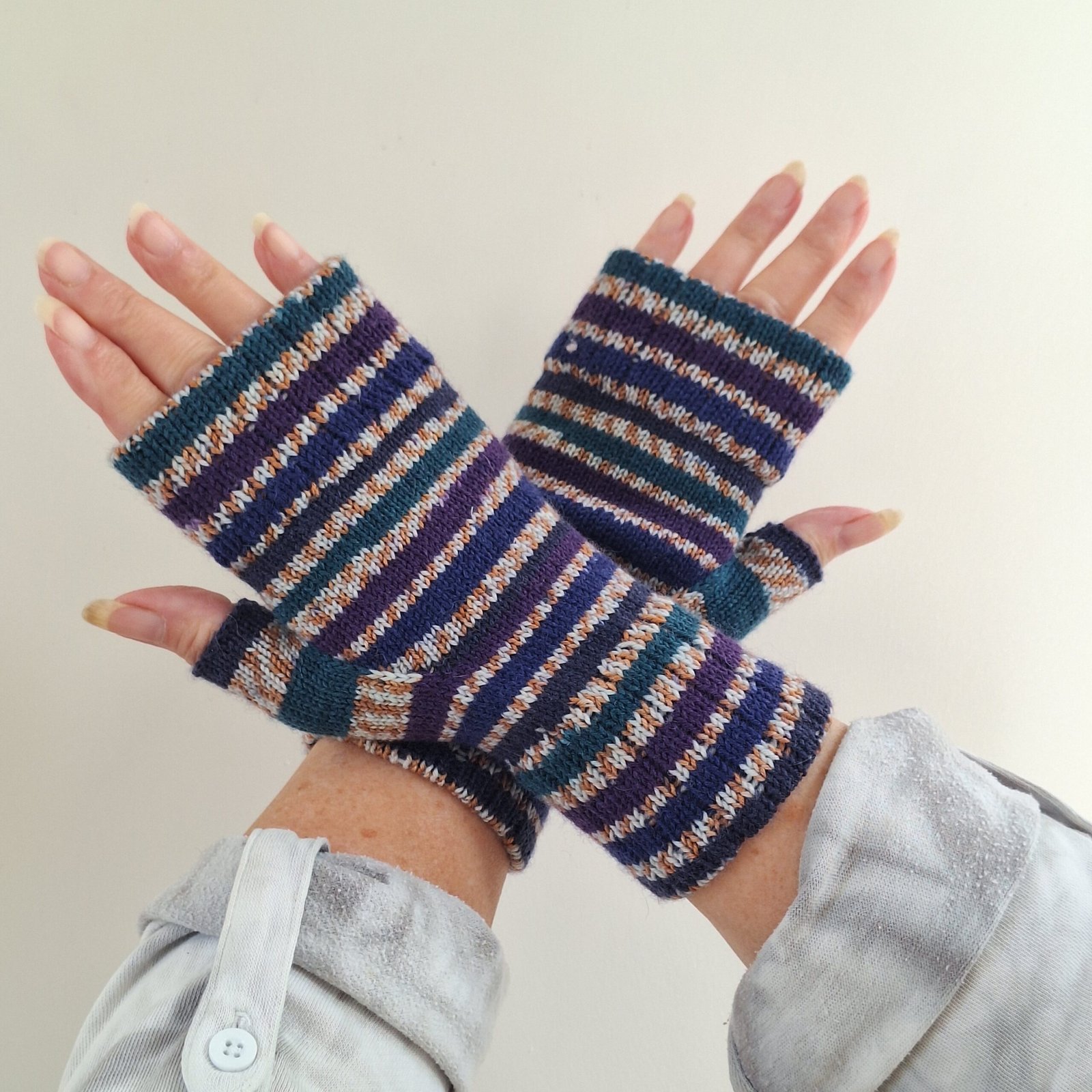 Handmade Knitted Wristwarmers – Starling | Blue, Purple & Teal - Image 3