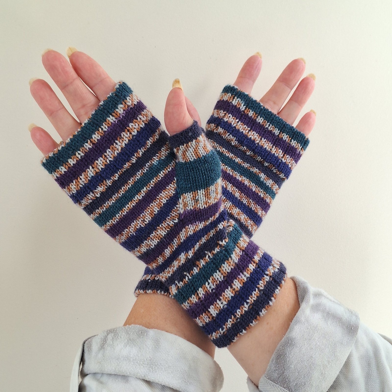 Handmade Knitted Wristwarmers – Starling | Blue, Purple & Teal - Image 2