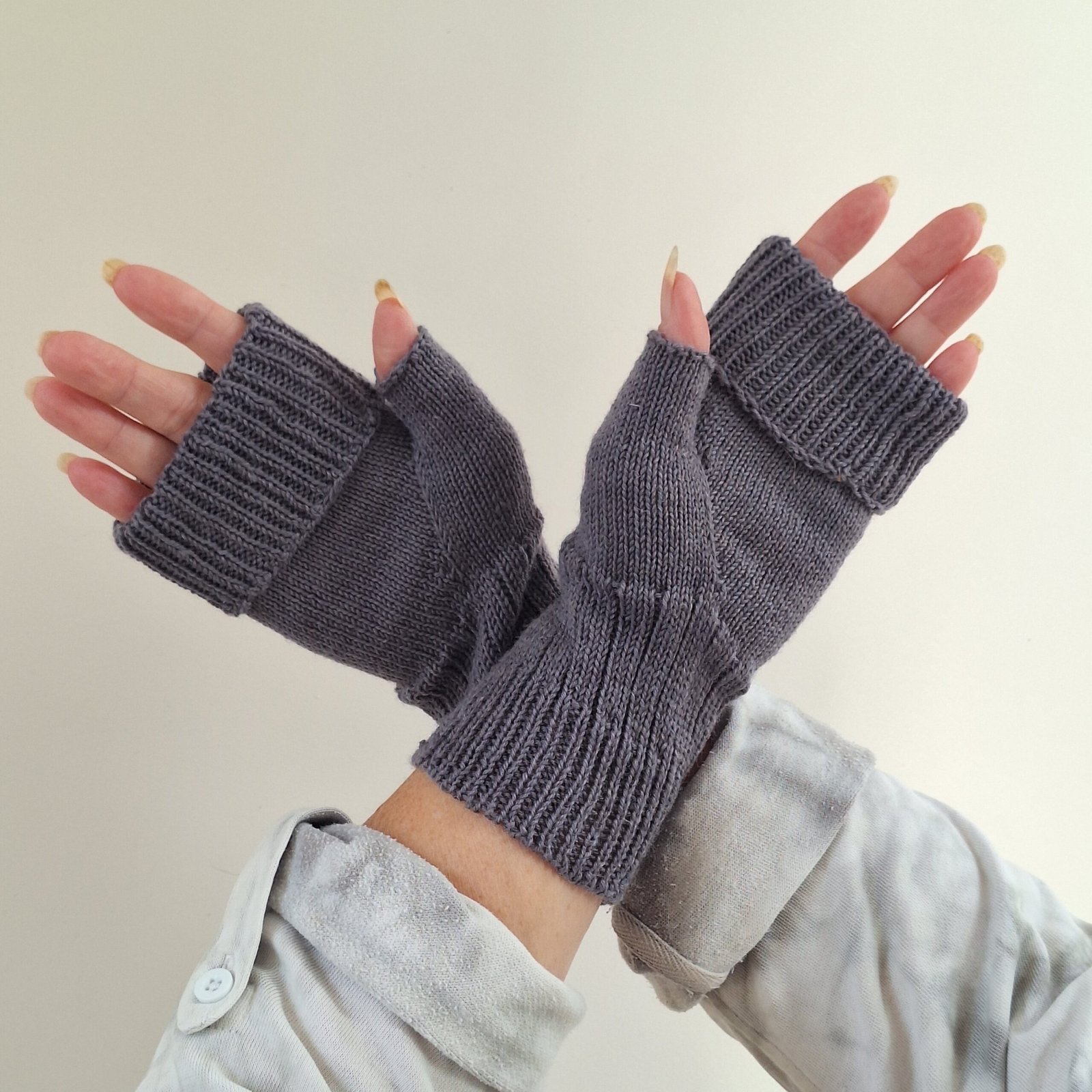 Handmade Knitted Wristwarmers – Solid Grey - Image 4