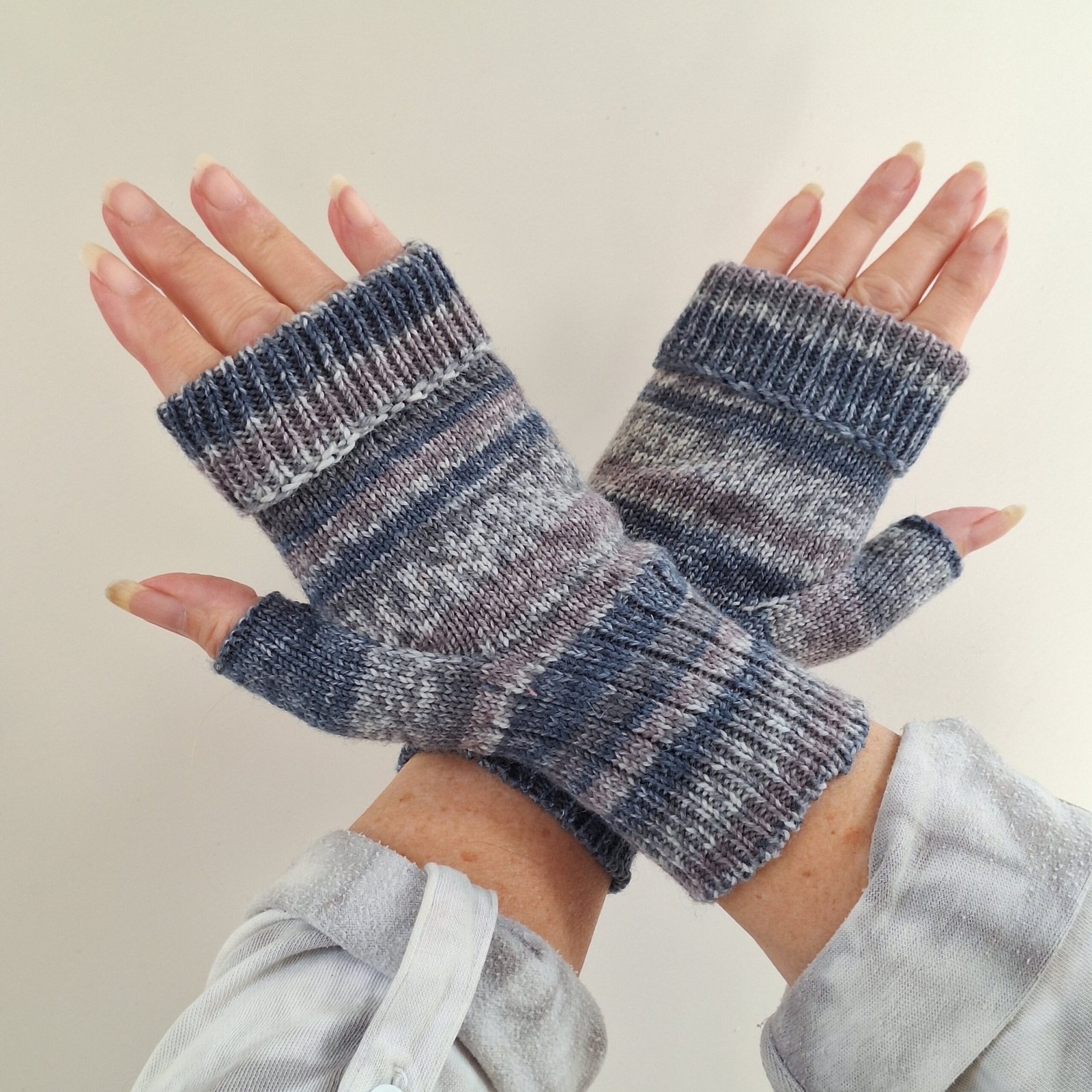 Handmade Knitted Wristwarmers – Slate | Blue, Grey & Mauve - Image 3