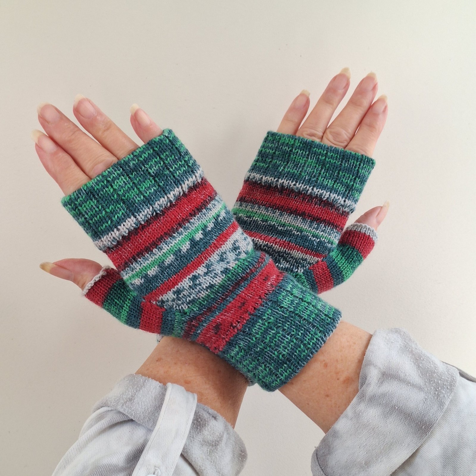 Handmade Knitted Wristwarmers – Christmas Cheer Mk II | Red, Green & Blue - Image 2