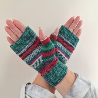 Handmade Knitted Wristwarmers – Christmas Cheer Mk II | Red, Green & Blue