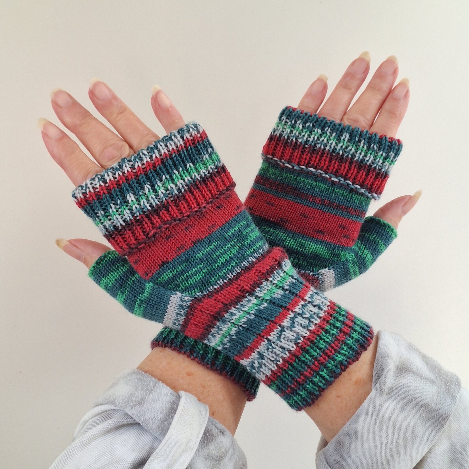 Handmade Knitted Wristwarmers – Christmas Cheer | Red, Green & Blue - Image 5
