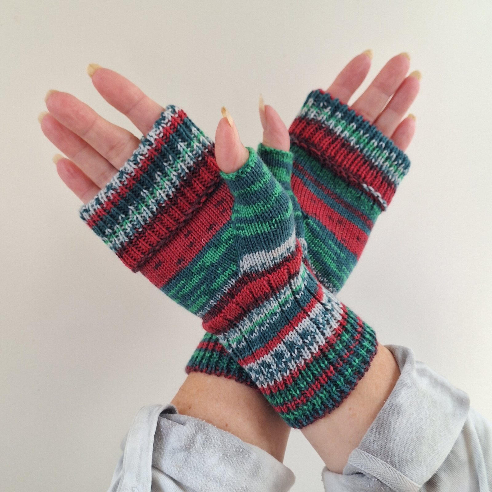 Handmade Knitted Wristwarmers – Christmas Cheer | Red, Green & Blue - Image 3
