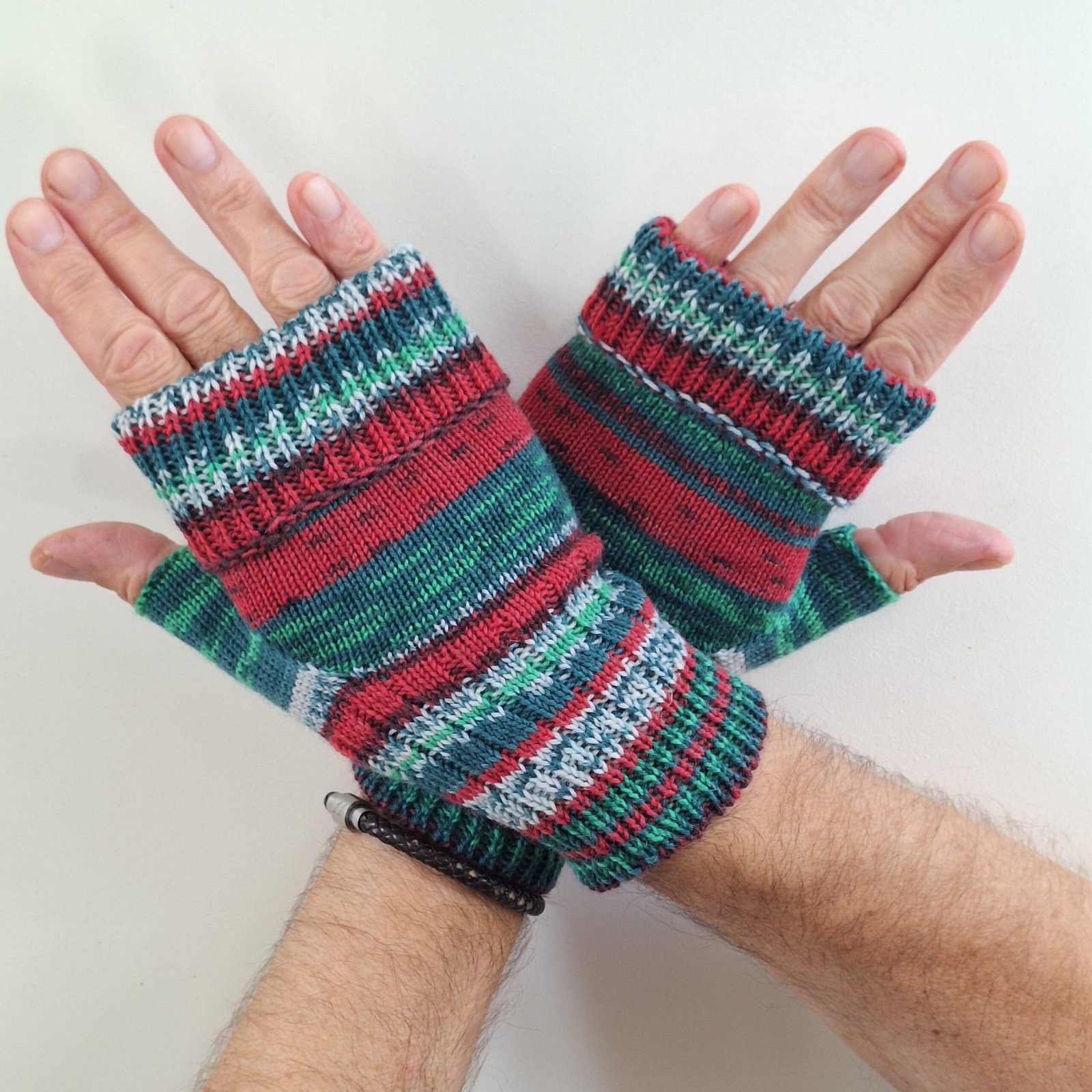 Handmade Knitted Wristwarmers – Christmas Cheer | Red, Green & Blue - Image 2