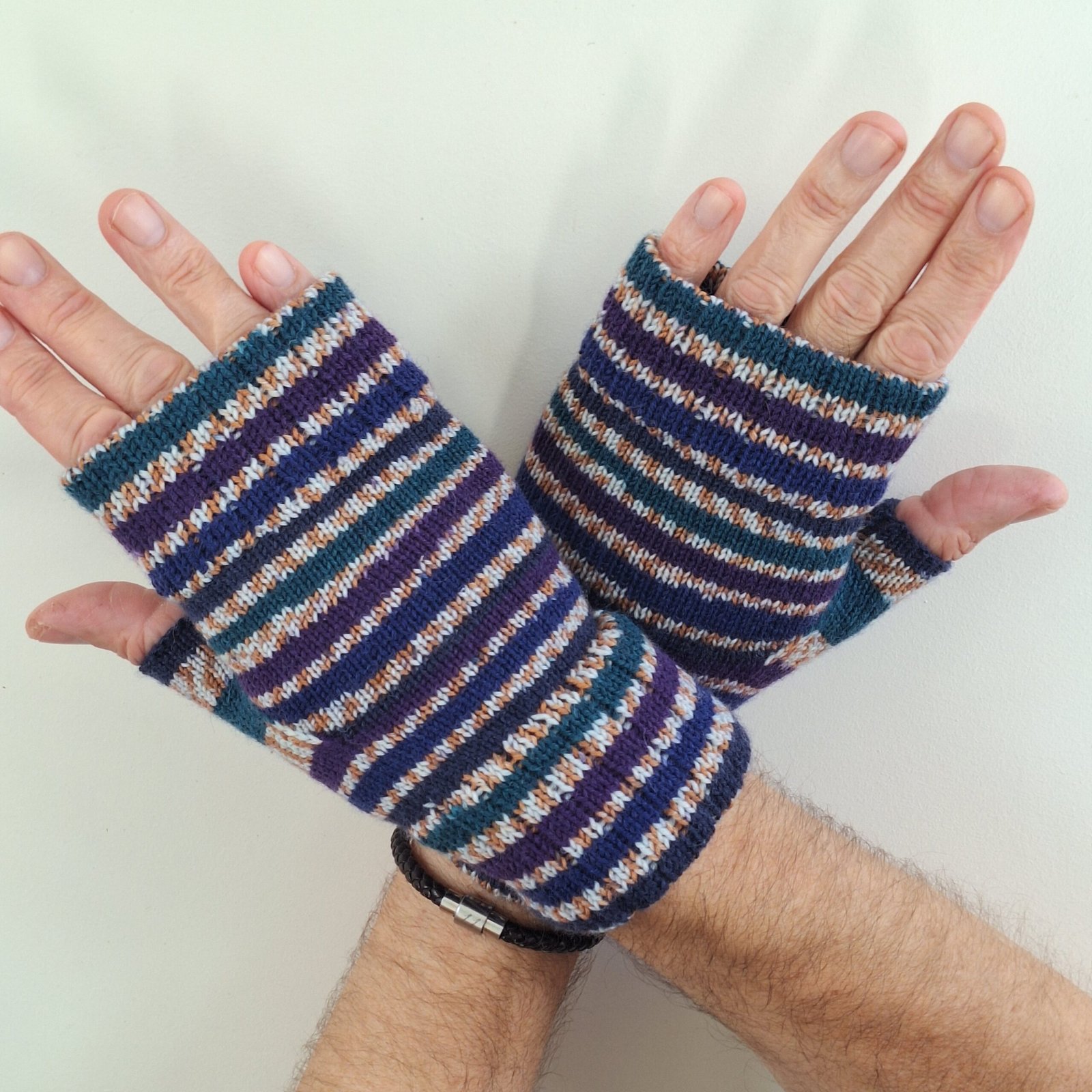 Handmade Knitted Wristwarmers – Starling | Blue, Purple & Teal