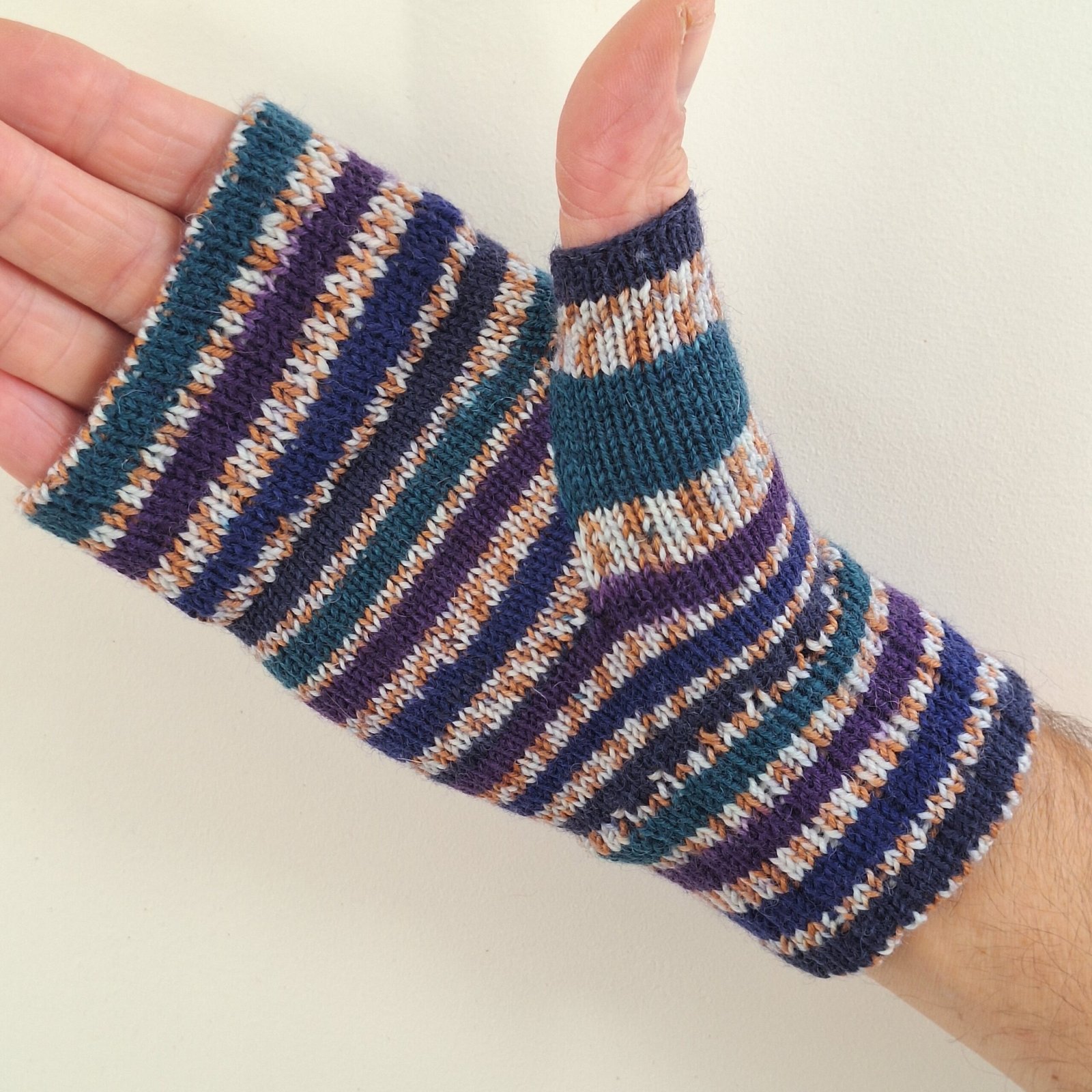 Handmade Knitted Wristwarmers – Starling | Blue, Purple & Teal - Image 4