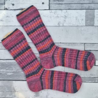 Handmade Knitted Wool Socks – Berry Blaze | Berry Pink, Raspberry, Orange & Charcoal | Size 6-7