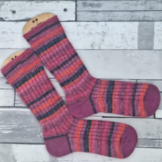 Handmade Knitted Wool Socks – Berry Blaze | Berry Pink, Raspberry, Orange & Charcoal | Size 5-6